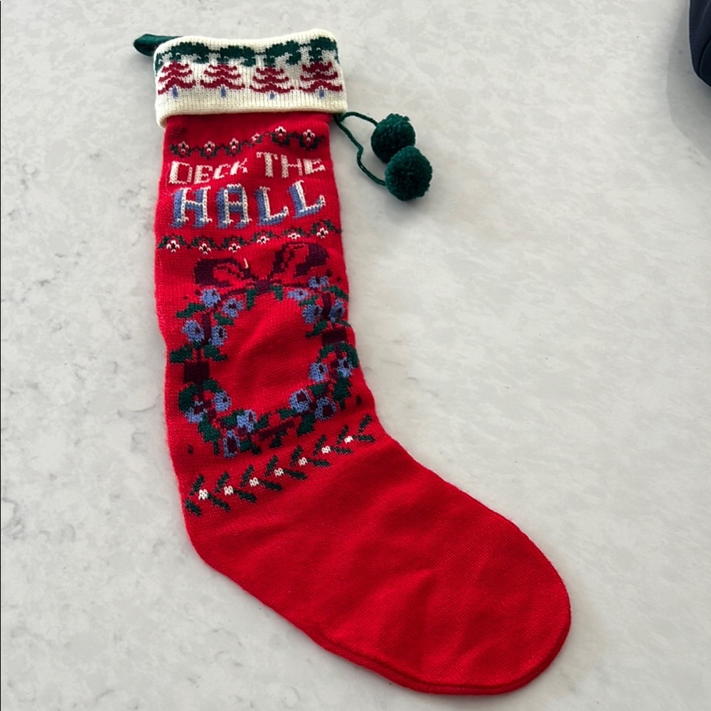 Vintage Knit Christmas Stocking "Deck the Halls" red, white, green, blue